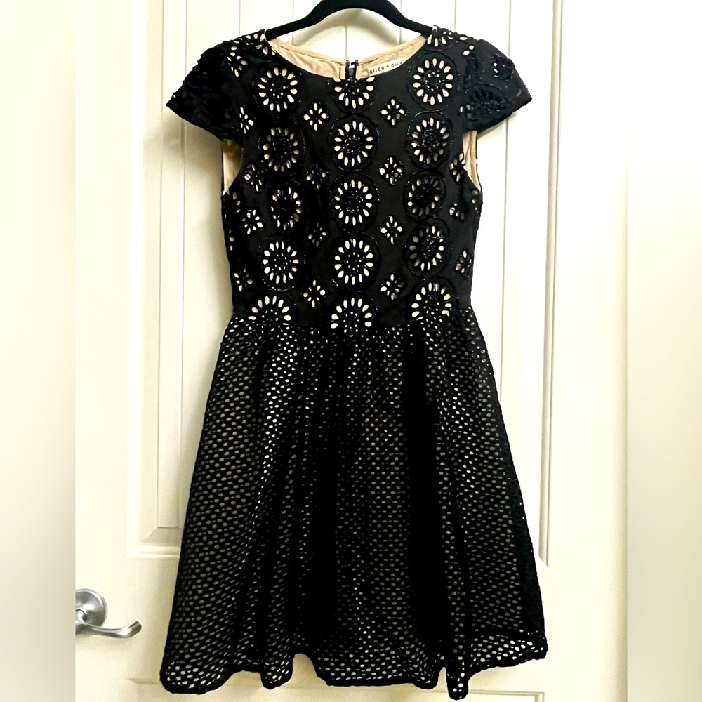 Alice + Olivia Embellished Black and Cream Mini Dress, size 0